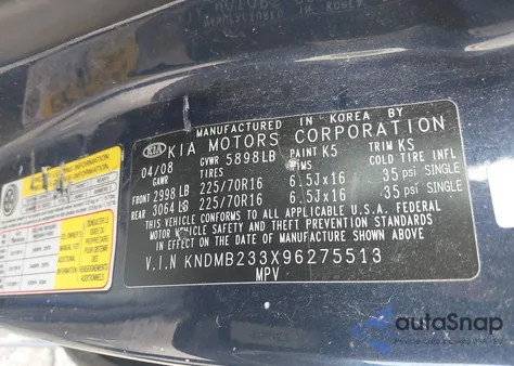 2009 Kia Sedona Lx z USA, uszkodzony, nr VIN KNDMB233X96275513